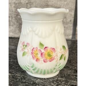 Vintage White Milk Glass Vase with Hand Painted Pink & Yellow Floral Motif